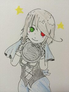 Rating: Safe Score: 0 Tags: capelet closed_mouth green_eyes grey_background hat hat_removed headwear_removed heterochromia holding holding_hat image looking_at_viewer red_eyes smile solo souseiseki star_(symbol) star_hair_ornament star_print starfish traditional_media User: admin