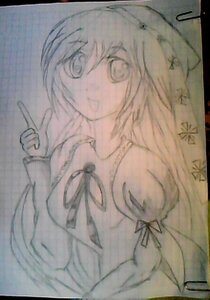 Rating: Safe Score: 0 Tags: 1girl border image long_hair long_sleeves looking_at_viewer monochrome photo ribbon shikishi solo suiseiseki traditional_media User: admin