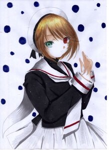 Rating: Safe Score: 0 Tags: 1girl bangs black_shirt brown_hair eyebrows_visible_through_hair hat heterochromia image kinomoto_sakura long_sleeves looking_at_viewer pleated_skirt sailor_collar school_uniform shirt short_hair skirt solo souseiseki tomoeda_elementary_school_uniform traditional_media white_skirt User: admin