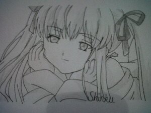 Rating: Safe Score: 0 Tags: 1girl closed_mouth eyebrows_visible_through_hair greyscale hair_ribbon image long_hair looking_at_viewer monochrome ribbon shinku smile solo traditional_media User: admin