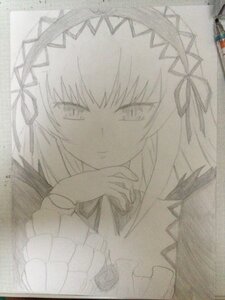 Rating: Safe Score: 0 Tags: 1girl closed_mouth eyebrows_visible_through_hair half-closed_eyes image long_hair long_sleeves looking_at_viewer monochrome ribbon smile solo suigintou traditional_media white_background User: admin
