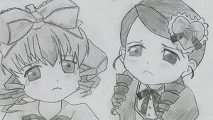 Rating: Safe Score: 0 Tags: 1girl bow drill_hair eyebrows_visible_through_hair frown greyscale hair_bow hinaichigo image kanaria monochrome pair tears traditional_media User: admin