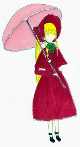 Rating: Safe Score: 0 Tags: 1girl black_footwear blonde_hair dress full_body holding holding_umbrella image long_sleeves parasol red_dress shared_umbrella shinku shoes solo standing umbrella User: admin