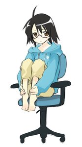 Rating: Safe Score: 0 Tags: 1girl ahoge black_hair brown_eyes chair full_body glasses hood hoodie human office_chair sakurada_jun sitting solo User: admin
