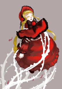 Rating: Safe Score: 0 Tags: 1girl blonde_hair bonnet bow dress flower grey_background image long_hair long_sleeves red_flower rose shinku solo yellow_eyes User: admin