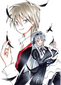 Rating: Safe Score: 0 Tags: 1boy 1girl bug dress feathers frills grin hairband image insect long_hair long_sleeves looking_at_viewer red_eyes ribbon silver_hair simple_background smile smirk solo suigintou wings User: admin