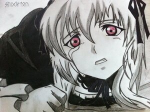 Rating: Safe Score: 0 Tags: 1girl clenched_teeth hair_ribbon image looking_at_viewer monochrome ribbon solo suigintou traditional_media User: admin