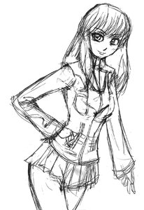 Rating: Safe Score: 0 Tags: 1girl cowboy_shot greyscale hand_on_hip image jacket long_hair long_sleeves looking_at_viewer monochrome necktie simple_background sketch skirt smile solo standing suigintou white_background User: admin