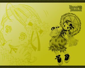 Rating: Safe Score: 0 Tags: 1girl dress flower hair_ornament image kanaria monochrome short_hair solo traditional_media umbrella yellow_background User: admin