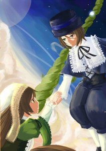 Rating: Safe Score: 0 Tags: 2girls brown_hair crossdressing dress frills green_dress green_eyes hat heterochromia holding_hands image long_sleeves multiple_girls outdoors pair short_hair siblings sisters sky souseiseki suiseiseki top_hat twins User: admin