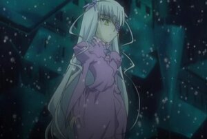 Rating: Safe Score: 0 Tags: 1girl barasuishou building dress hair_ribbon image long_hair night outdoors ribbon snow snowing solo standing very_long_hair yellow_eyes User: admin