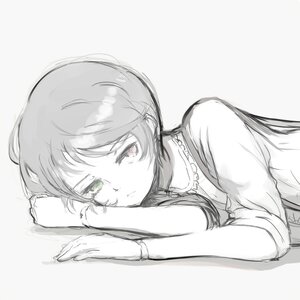 Rating: Safe Score: 0 Tags: 1girl bracelet closed_mouth image looking_at_viewer lying monochrome on_side short_hair short_sleeves solo souseiseki striped User: admin