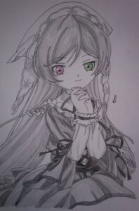 Rating: Safe Score: 0 Tags: 1girl auto_tagged braid closed_mouth dress frills green_eyes grey_background hands_clasped hands_together heterochromia image interlocked_fingers long_hair long_sleeves looking_at_viewer own_hands_together red_eyes solo spot_color suiseiseki traditional_media User: admin