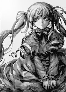 Rating: Safe Score: 0 Tags: 1girl dress frills greyscale hair_ribbon image long_hair long_sleeves looking_at_viewer monochrome ribbon shinku solo twintails v_arms very_long_hair User: admin