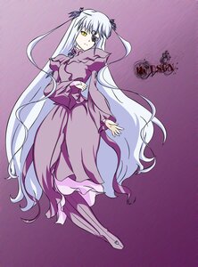 Rating: Safe Score: 0 Tags: 1girl barasuishou dress floating full_body image juliet_sleeves long_dress long_hair long_sleeves purple_background solo standing very_long_hair white_hair yellow_eyes User: admin