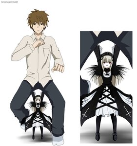Rating: Safe Score: 0 Tags: 1boy 1girl arms_up auto_tagged brown_hair dress gothic_lolita hairband image lolita_fashion long_hair long_sleeves pants red_eyes solo suigintou User: admin