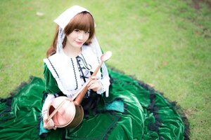 Rating: Safe Score: 0 Tags: 1girl apron brown_eyes brown_hair dress grass green_dress head_scarf long_hair long_sleeves sitting smile solo suiseiseki User: admin