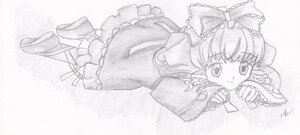Rating: Safe Score: 0 Tags: 1girl auto_tagged bow detached_sleeves dress frills full_body greyscale hair_bow hakurei_reimu hinaichigo image long_hair looking_at_viewer lying monochrome ribbon solo User: admin