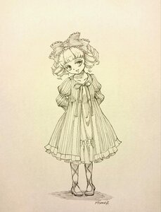 Rating: Safe Score: 0 Tags: 1girl bow dress drill_hair full_body hair_bow hinaichigo image long_sleeves looking_at_viewer monochrome short_hair smile solo standing tongue tongue_out User: admin