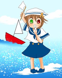 Rating: Safe Score: 0 Tags: 1girl brown_hair green_eyes hat heterochromia image polka_dot red_eyes sailor sailor_collar school_uniform serafuku short_hair skirt solo souseiseki standing User: admin