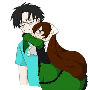Rating: Safe Score: 0 Tags: 1boy 1girl black_hair blush brown_hair dress glasses green_dress green_eyes hug image long_hair long_sleeves short_hair solo striped suiseiseki sweatdrop User: admin
