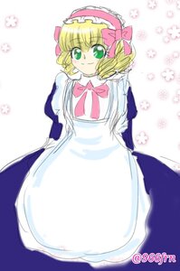 Rating: Safe Score: 0 Tags: 1girl apron blonde_hair bow dress green_eyes hairband hinaichigo image looking_at_viewer pink_bow pink_neckwear short_hair smile solo striped twitter_username User: admin