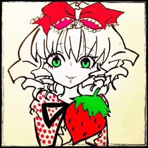 Rating: Safe Score: 0 Tags: 1girl bow eating food food_on_face fruit green_eyes hair_bow hinaichigo holding_food image kagiyama_hina looking_at_viewer photo shikishi solo strawberry traditional_media watermelon User: admin