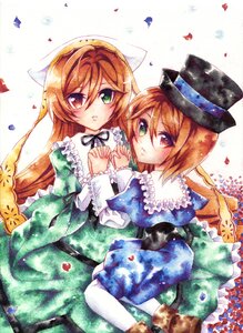 Rating: Safe Score: 0 Tags: 2girls brown_hair dress frills green_dress green_eyes hat heterochromia holding_hands image long_hair long_sleeves multiple_girls pair pantyhose petals red_eyes short_hair siblings sisters souseiseki suiseiseki top_hat traditional_media twins watercolor_(medium) User: admin