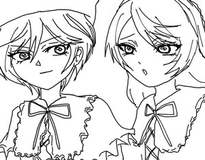 Rating: Safe Score: 0 Tags: 2girls blush eyebrows_visible_through_hair frills greyscale image lineart looking_at_viewer monochrome multiple_girls neck_ribbon pair ribbon short_hair siblings simple_background souseiseki suiseiseki swept_bangs white_background User: admin