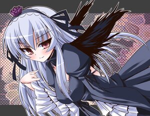 Rating: Safe Score: 0 Tags: 1girl black_wings blue_hair blush breasts dress flower frills gothic_lolita hairband halftone halftone_background image lolita_fashion lolita_hairband long_hair long_sleeves looking_at_viewer outline polka_dot polka_dot_background red_eyes ribbon rose rozen_maiden shinshin silver_hair smile solo suigintou wings User: admin