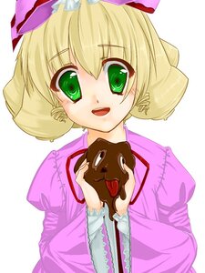 Rating: Safe Score: 0 Tags: 1girl blonde_hair chocolate green_eyes heart hina_ichigo hinaichigo image open_mouth pink_bow short_hair smile solo striped User: admin