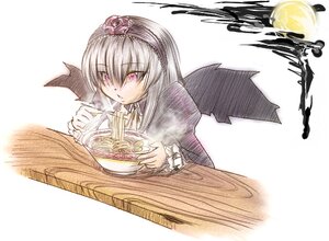 Rating: Safe Score: 0 Tags: 1girl black_wings blush chopsticks dress food hairband image long_hair long_sleeves noodles ramen rose solo suigintou table wings User: admin