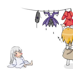Rating: Safe Score: 0 Tags: apron barefoot blonde_hair blush fox_tail image multiple_girls purple_hair solo suigintou User: admin