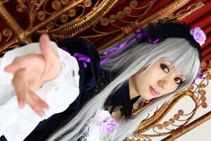 Rating: Safe Score: 0 Tags: 1girl bangs blurry blurry_foreground depth_of_field flower hands lace lips long_hair looking_at_viewer photo red_eyes red_lips rose solo suigintou User: admin