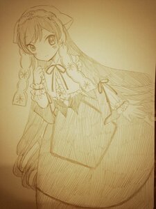 Rating: Safe Score: 0 Tags: 1girl bangs blush braid dress eyebrows_visible_through_hair image long_hair long_sleeves looking_at_viewer monochrome ribbon solo suiseiseki traditional_media twin_braids very_long_hair User: admin