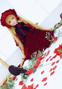Rating: Safe Score: 0 Tags: 1girl blonde_hair blue_eyes bonnet curtains dress flower long_hair looking_at_viewer red_dress red_flower red_rose rose shinku sitting solo User: admin