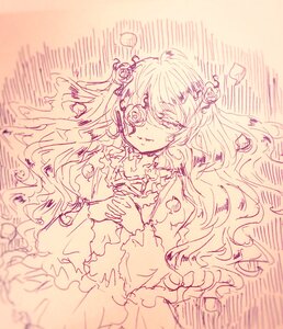 Rating: Safe Score: 0 Tags: 1girl dress flower frills hair_flower hair_ornament hands_clasped image kirakishou long_hair long_sleeves monochrome own_hands_together rose solo User: admin