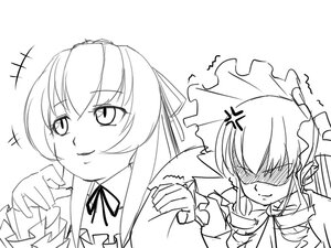 Rating: Safe Score: 0 Tags: 2girls anger_vein greyscale image long_hair monochrome multiple_girls pair shinku simple_background smile suigintou trembling white_background User: admin