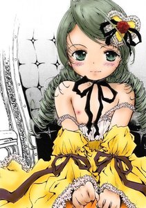 Rating: Questionable Score: 0 Tags: 1girl bare_shoulders blush choker dress drill_hair flat_chest flower green_eyes green_hair hair_flower image kanaria ribbon solo sparkle strap_slip yellow_dress User: admin