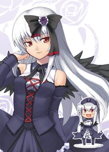 Rating: Safe Score: 0 Tags: 1girl adjusting_hair black_wings chibi detached_sleeves dress elbow_gloves flower frills gloves hair_ornament image jingai_modoki long_hair looking_at_viewer photoshop_(medium) red_eyes ribbon rose rozen_maiden silver_hair smile solo suigintou white_hair wings User: admin