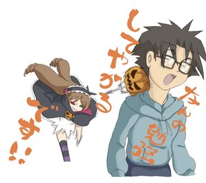 Rating: Safe Score: 0 Tags: 2boys animal_costume black_hair brown_hair chibi glasses halloween hood hoodie image jack-o'-lantern multiple_boys pumpkin sakurada_jun solo striped suiseiseki User: admin