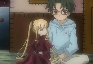 Rating: Safe Score: 0 Tags: 1boy 1girl black_hair blonde_hair glasses hair_ribbon hood hood_down hoodie image long_hair long_sleeves red_dress ribbon shinku sitting solo twintails User: admin