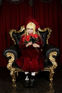 Rating: Safe Score: 0 Tags: 1girl blonde_hair blue_eyes chair dress flower lolita_fashion long_hair looking_at_viewer red_dress rose shinku sitting solo throne User: admin