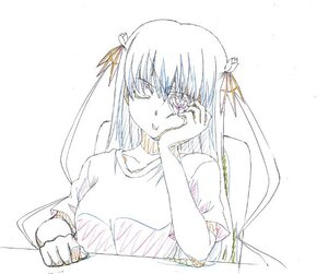 Rating: Safe Score: 0 Tags: 1girl barasuishou hair_ribbon image long_hair monochrome ribbon shirt simple_background solo striped traditional_media upper_body User: admin