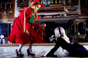 Rating: Safe Score: 0 Tags: 2girls blonde_hair candle dress hair_ornament indoors multiple_cosplay multiple_girls red_dress shoes silver_hair sitting tagme User: admin