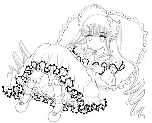 Rating: Safe Score: 0 Tags: 1girl dress drill_hair flower frills image lineart lolita_fashion long_hair monochrome pillow rose shinku solo striped striped_legwear User: admin