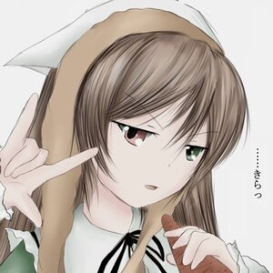 Rating: Safe Score: 0 Tags: 1girl bangs black_ribbon brown_hair dress green_eyes head_scarf image long_hair long_sleeves neck_ribbon pointing red_eyes ribbon simple_background solo striped suiseiseki vertical_stripes User: admin