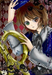Rating: Safe Score: 0 Tags: 1girl argyle argyle_background brown_hair checkered checkered_background checkered_floor chess_piece hair_ornament hairclip heterochromia image ribbon short_hair solo souseiseki User: admin