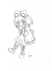 Rating: Safe Score: 0 Tags: 1girl bow dress eating food full_body greyscale hair_bow hinaichigo image long_sleeves monochrome short_hair solo striped User: admin