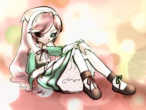 Rating: Safe Score: 0 Tags: 1girl bangs dress full_body green_dress green_eyes heterochromia image juliet_sleeves long_hair long_sleeves looking_at_viewer pantyhose pink_hair red_eyes ribbon sitting solo suiseiseki very_long_hair white_legwear User: admin